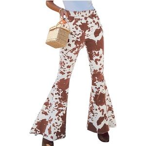 Women's Flare Bell Bottom Jeans Casual Cow Print High Waisted Fringe Flared